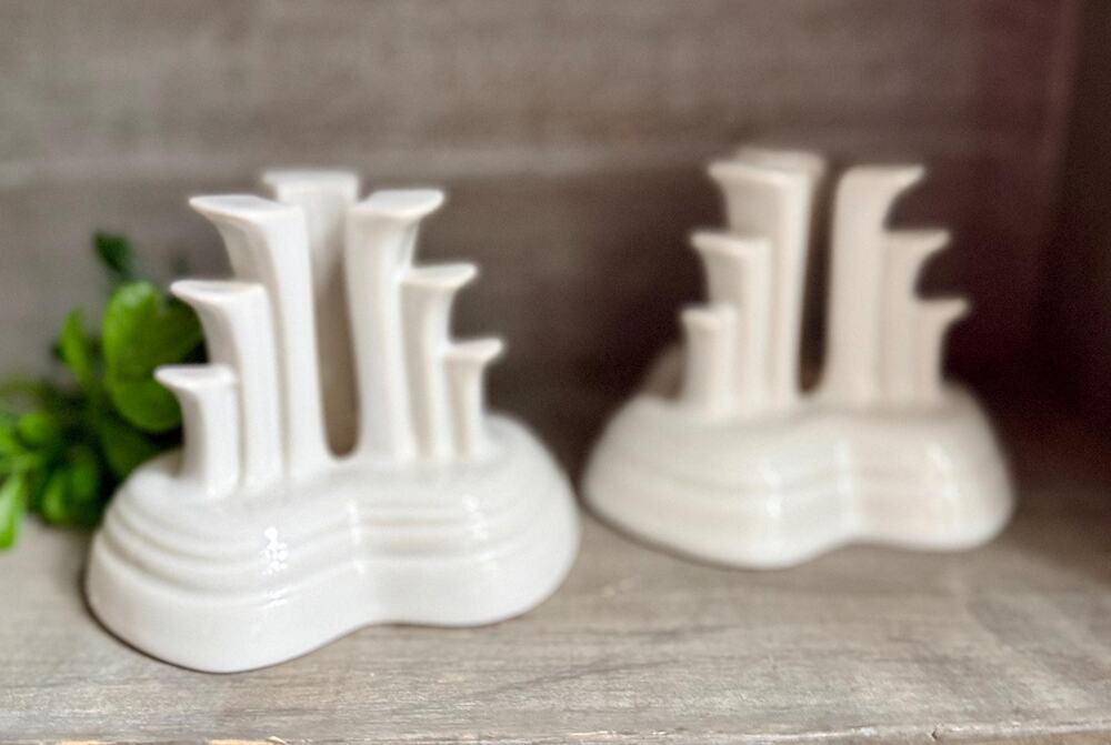 Vintage Homer Laughlin Fiesta Candle Holders | White Art Deco Skyscraper